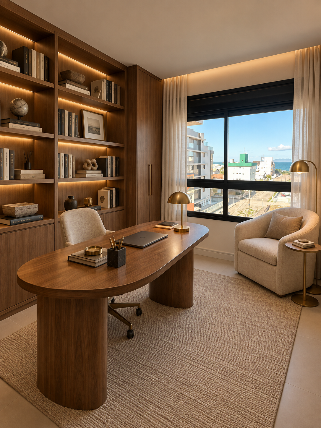 Illustrative image of an office with sea view