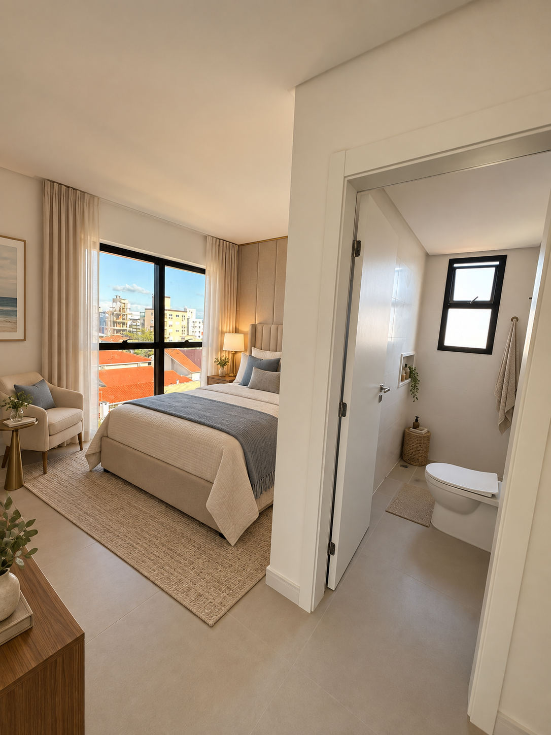 Illustrative image of a bedroom with bathroom