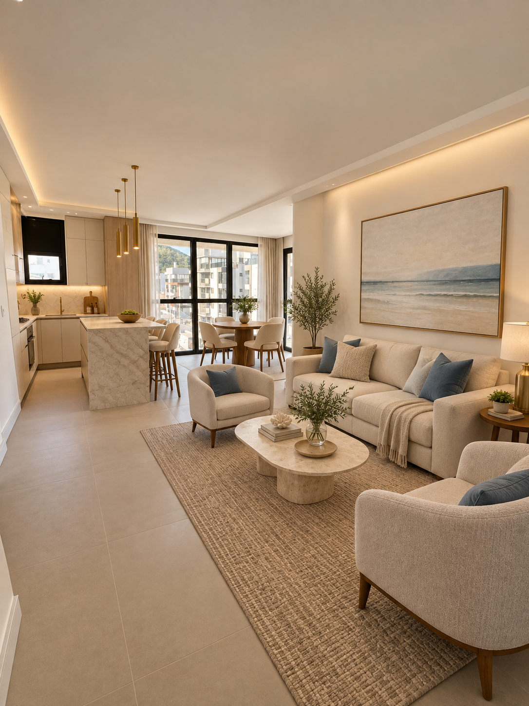 Illustrative image of an integrated living room and kitchen