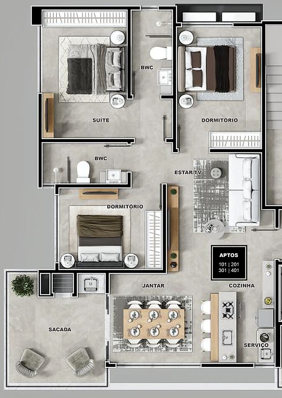 Floor plan of unit 401 of the Residenziale Di Trento, corresponding to the apartment on the left
