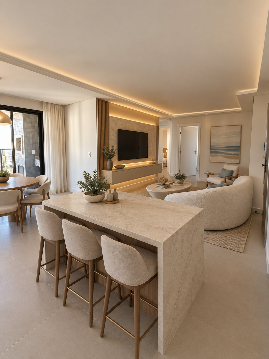 Illustrative image of an integrated kitchen, dining and living room